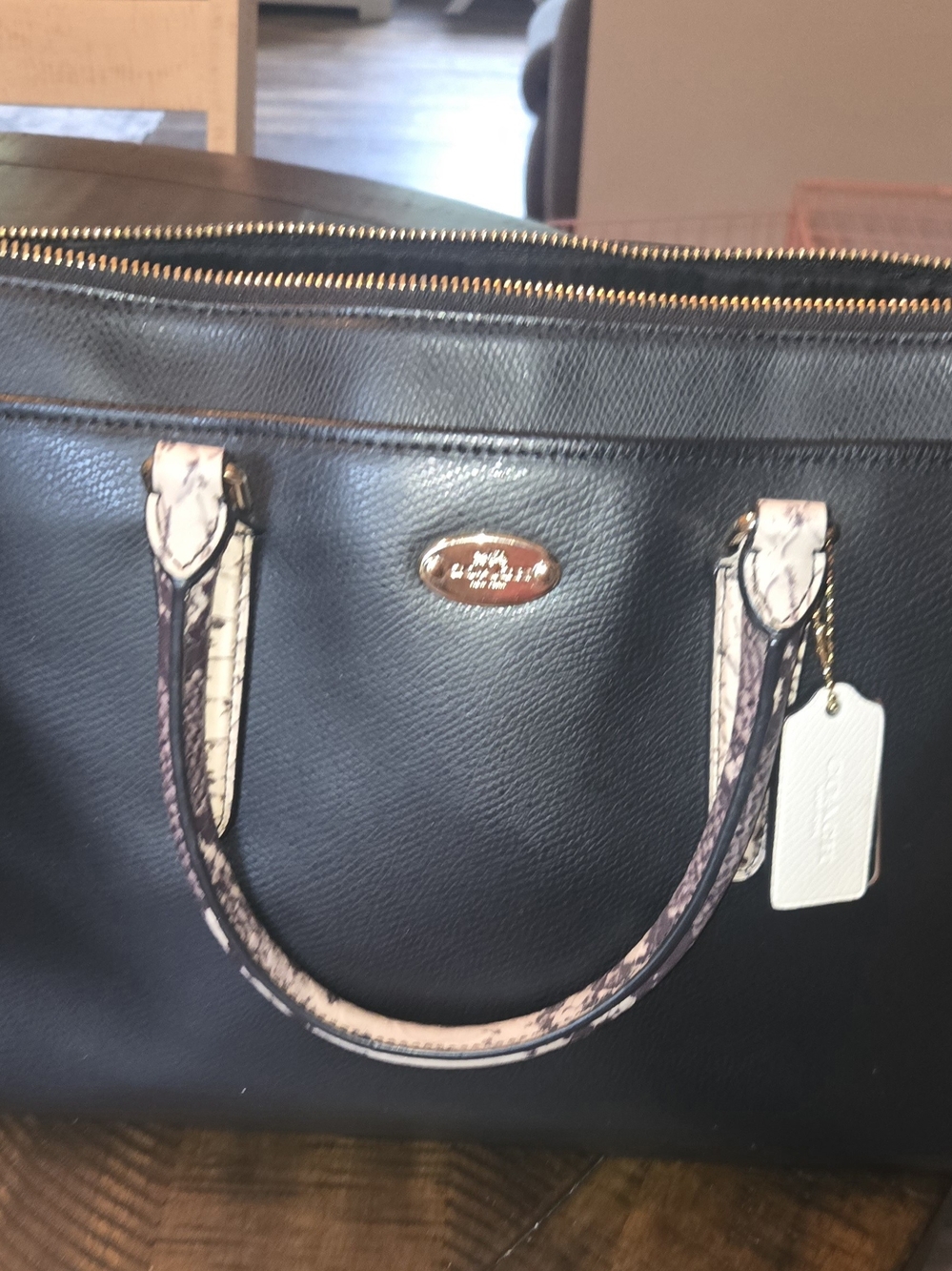Coach Black Pebbled Leather Morgan Satchel with Exotic  Handle Accents.